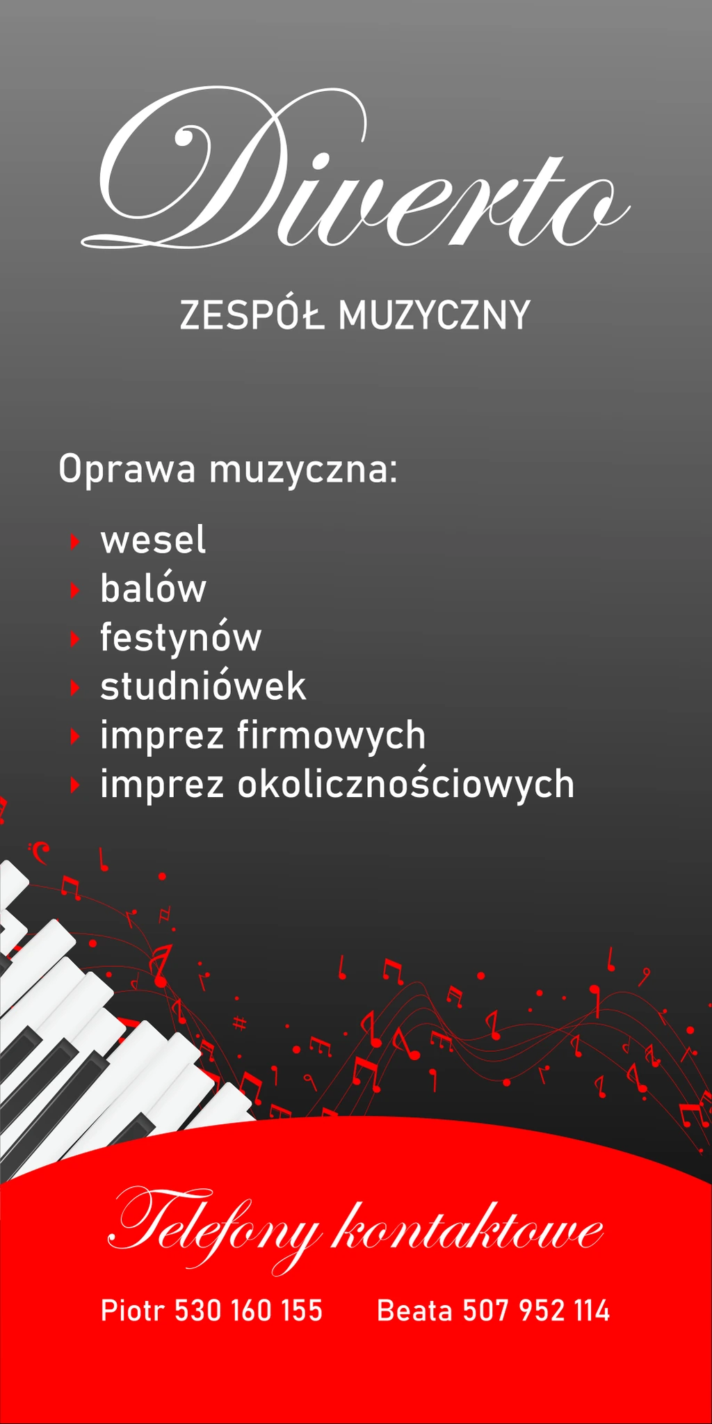 Projekt roll-upu Diverto z ofertą zespołu, motywem klawiatury, czerwonych nut i polem kontaktowym.