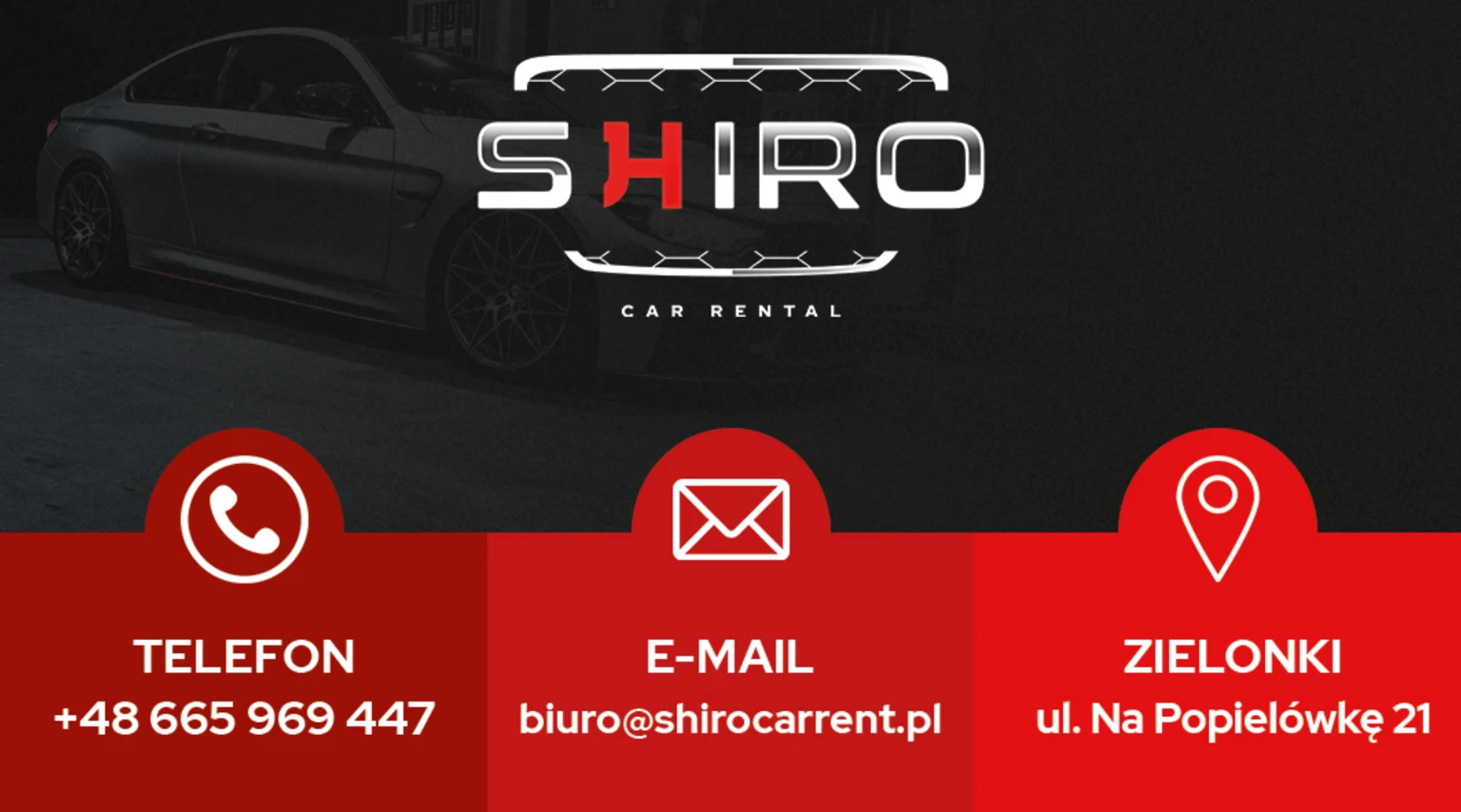 Oryginalny projekt wizytówki SHIRO Car Rental z logo nad trzema czerwonymi polami kontaktowymi.
