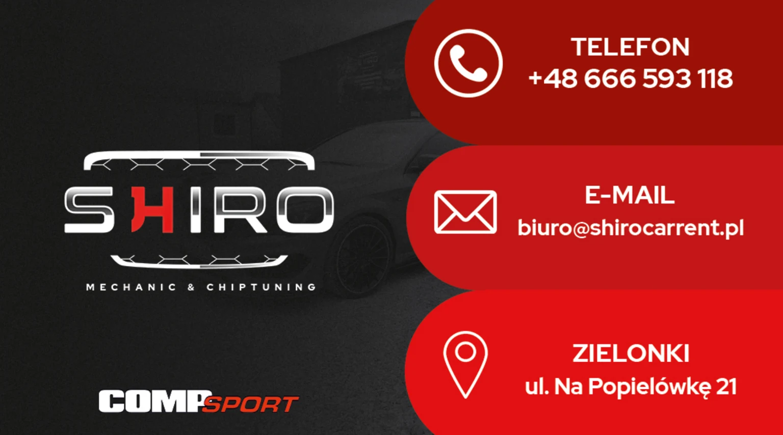 Oryginalny projekt wizytówki SHIRO Mechanic & Chiptuning z logo po lewej i czerwonymi polami kontaktowymi po prawej.
